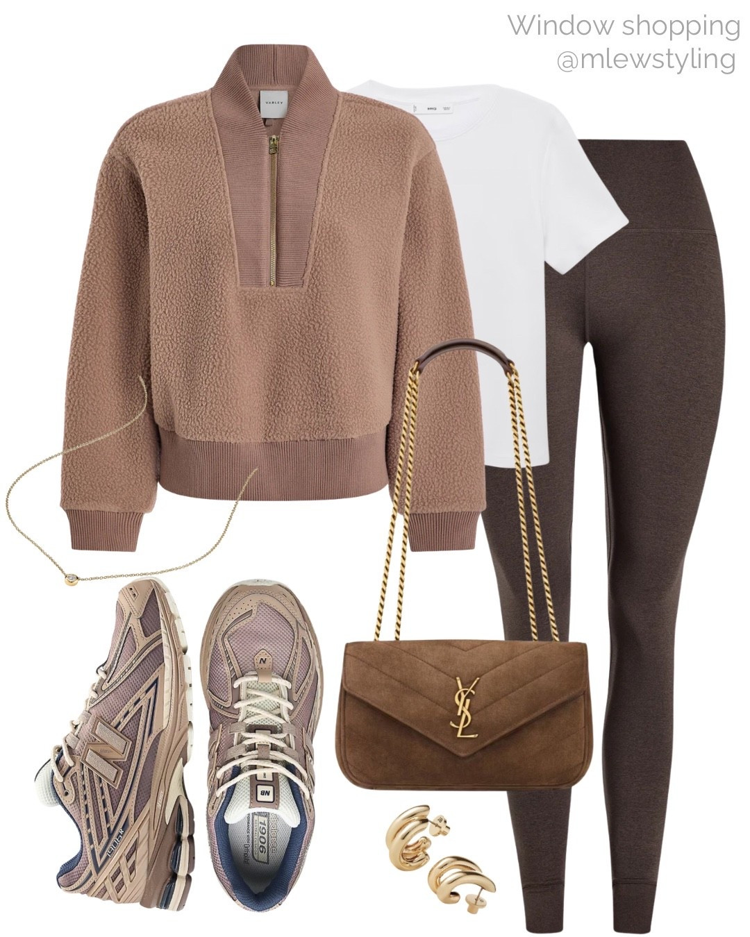 An outfit with leggings and new balance sneakers for window shopping 🤎

Tags: Varley fleece, mango white t-shirt, brown leggings, winter outfit, suede ysl bag, gold hoop earrings, Mejuri necklace, travel look, airport outfit 

#LTKTravel #LTKootd #LTKHoliday