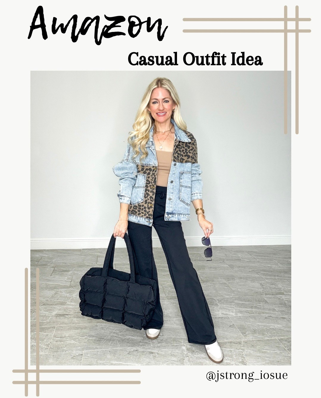 Casual outfit idea from Amazon! Oversized leopard denim jacket has distressing details, it’s not stiff and easy to move in. Wide leg Athleisure pants are a look for less, high waisted, tie at the waist and have pockets. Pants have a 29” inseam and are petite friendly. Puffer tote comes with a small zipper clutch and easy to wipe clean. 

#LTKFindsUnder50 #LTKStyleTip