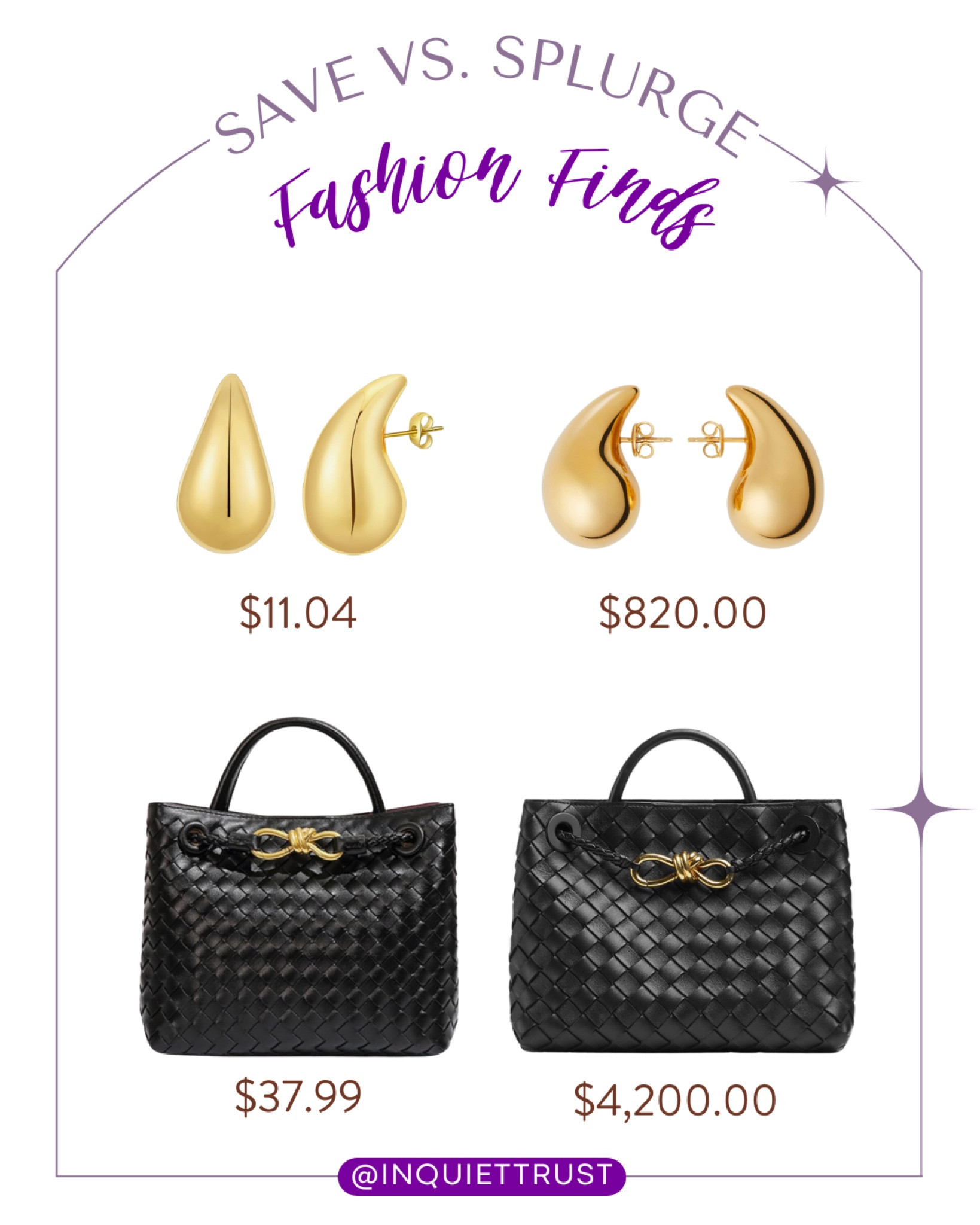 Here are some affordable alternatives to these trendy gold earrings and black handbags!
#savevssplurge #lookforless #springfashion #outfitinspo

#LTKstyletip #LTKitbag #LTKSeasonal
