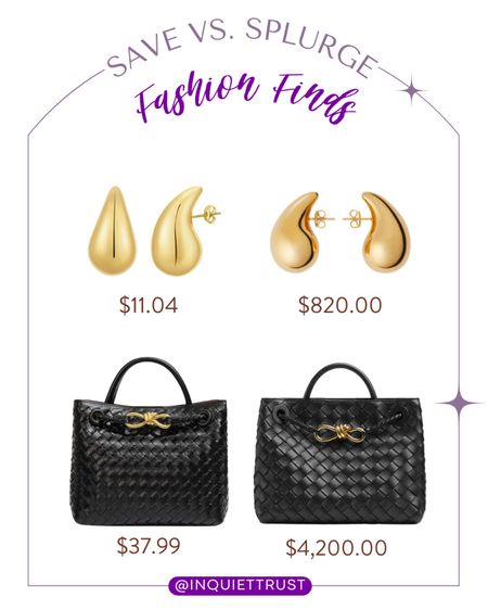Here are some affordable alternatives to these trendy gold earrings and black handbags!
#savevssplurge #lookforless #springfashion #outfitinspo

#LTKstyletip #LTKitbag #LTKSeasonal