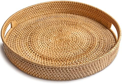 HITOMEN Hand-Woven Round Rattan Serving Tray with Handles Ottoman Wicker Platter for Breakfast, D... | Amazon (US)
