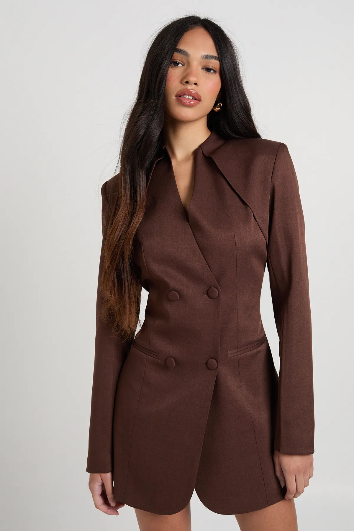Chocolate Collarless Button Front Blazer Dress | Boohoo | Boohoo.com (UK & IE)