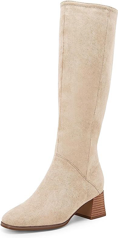 Womens Knee High Boots Mid Chunky Heel Round Toe Faux Suede Side Zipper Riding Booties | Amazon (US)