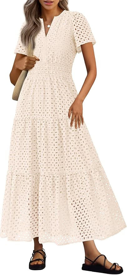 PRETTYGARDEN Womens 2025 Summer Maxi Dress Short Sleeve V Neck Hollow Out Eyelet A Line Long Flow... | Amazon (US)