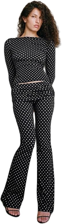 NIFTRIRY 2 Piece Sets for Women Polka Dot Long Sleeve Crop Tops and Flare Leggings Casual Sets Su... | Amazon (US)