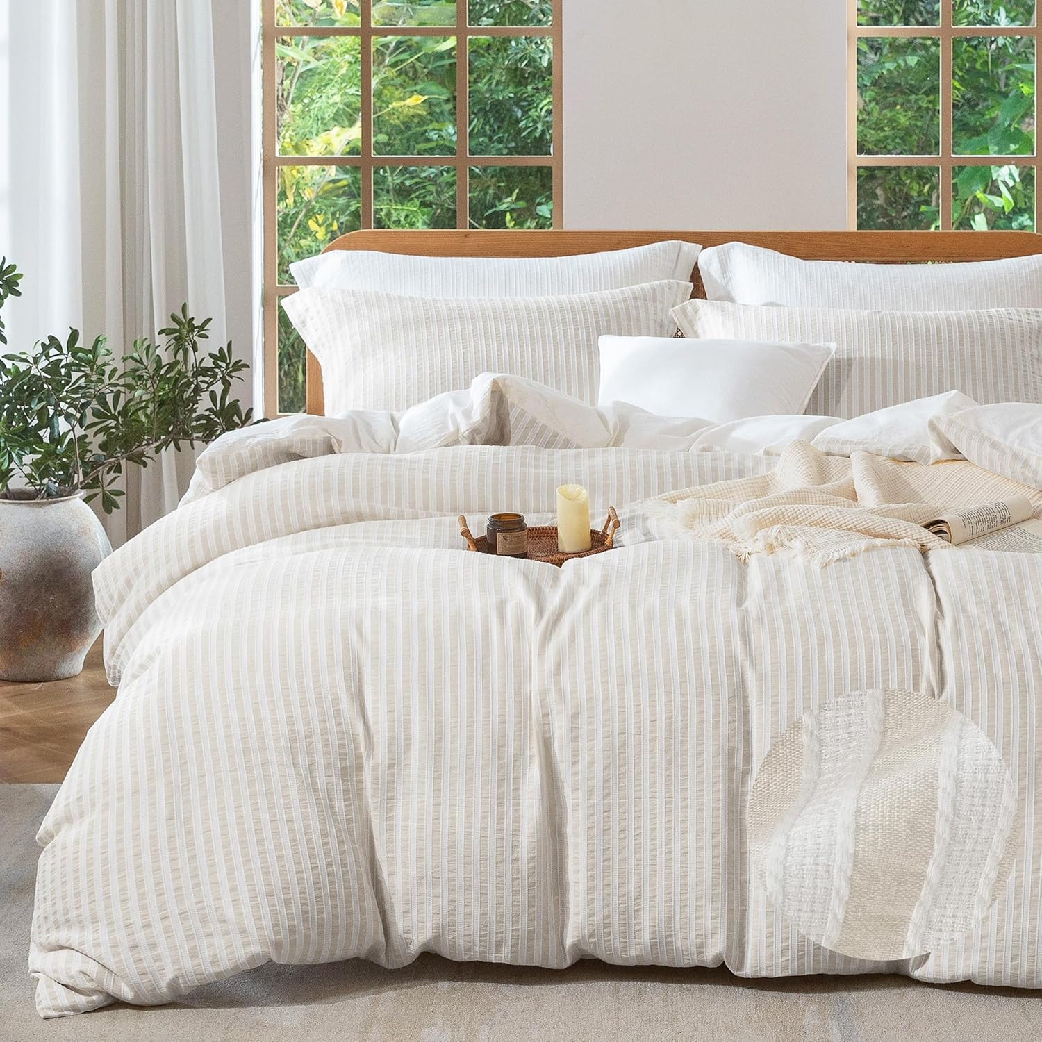 MILDLY Linen Grey Striped Duvet Cover - 100% Washed Cotton Jacquard Boho Textured Comforter Cover... | Amazon (US)