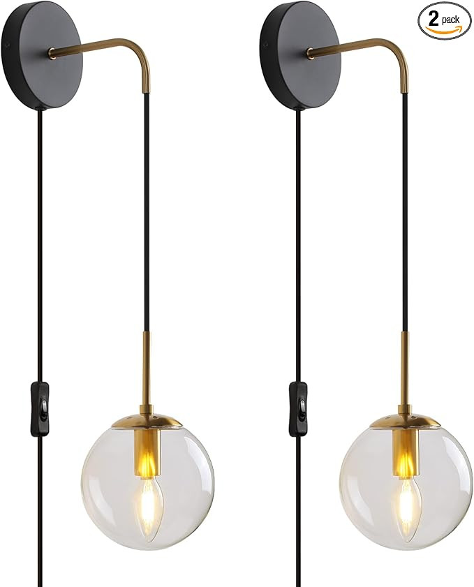 Wall Sconces Set of Two Black and Brass Plug in Wall Sconces Set of 2 with Globe Clear Glass Shad... | Amazon (US)