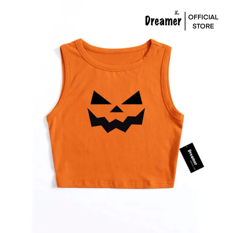 Pumpkin Crop Tank Top, Women Halloween Pumpkin Crop Tank Top, Halloween Crop Tank Top, Scary Crop... | Etsy (US)
