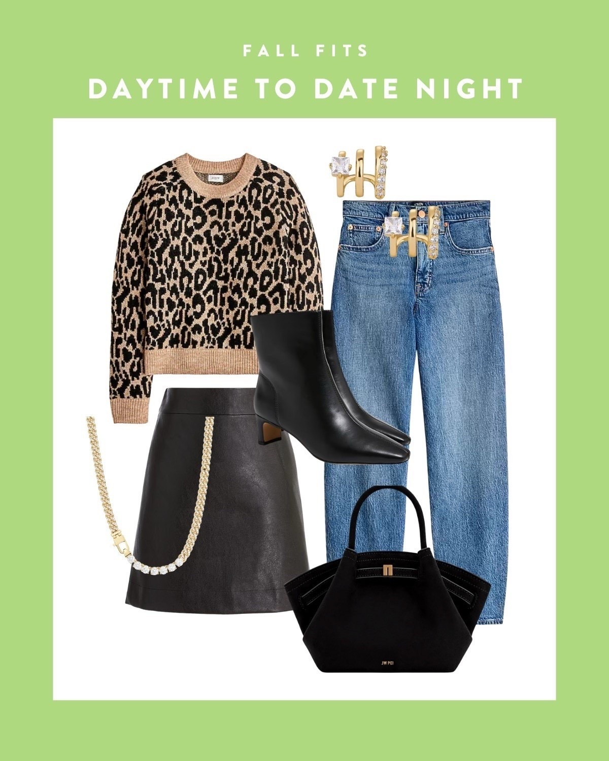 Fall fits - weekend day vs. night! Obsessed with this leopard sweater, styled two ways for your weekend plans. Day look paired with jeans, booties, and a cute bag for coffee runs or errands. Night look swapped to a mini skirt with the same booties and bag for dinner or girls’ night. Same sweater, totally different vibes! Fall outfits | leopard sweater | day to night | fall fashion

#LTKStyleTip #LTKFindsUnder100 #LTKSeasonal