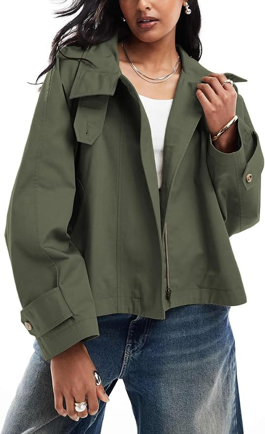 Majdan Women's Cropped Trench Coat Zip Up Short Outwear with Back Cape Casual Fall Spring Jacket ... | Amazon (US)