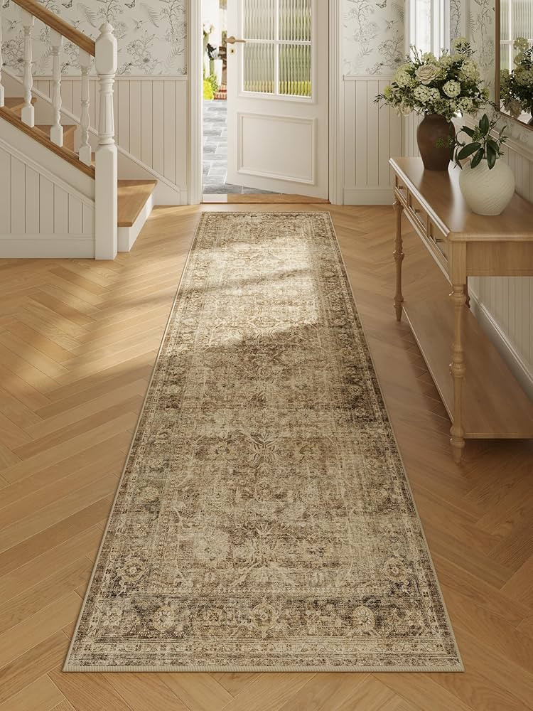 FMFUNCTEX 2x10 Runner Rug Brown Washable Vintage Neutral Distressed Non Slip Low Pile Indoor Carp... | Amazon (US)