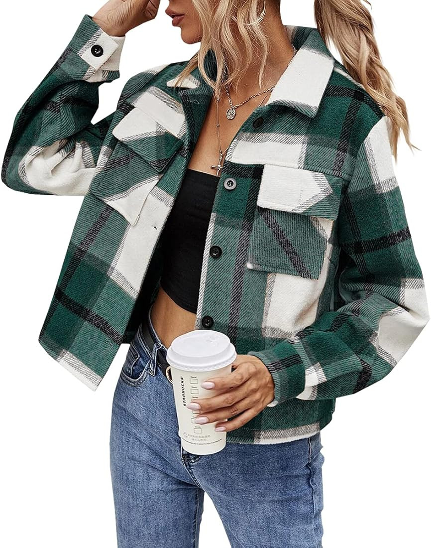 Hongqizo Women Long Sleeve Button Front Plaid Jackets Flannel Wool Blend Casual Plaid Shirts Coat... | Amazon (US)