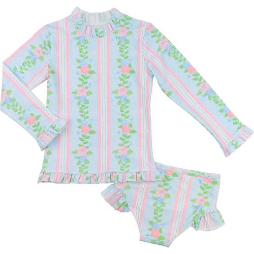 Pink And Blue Floral Striped Lycra Rashguard Set | Cecil and Lou