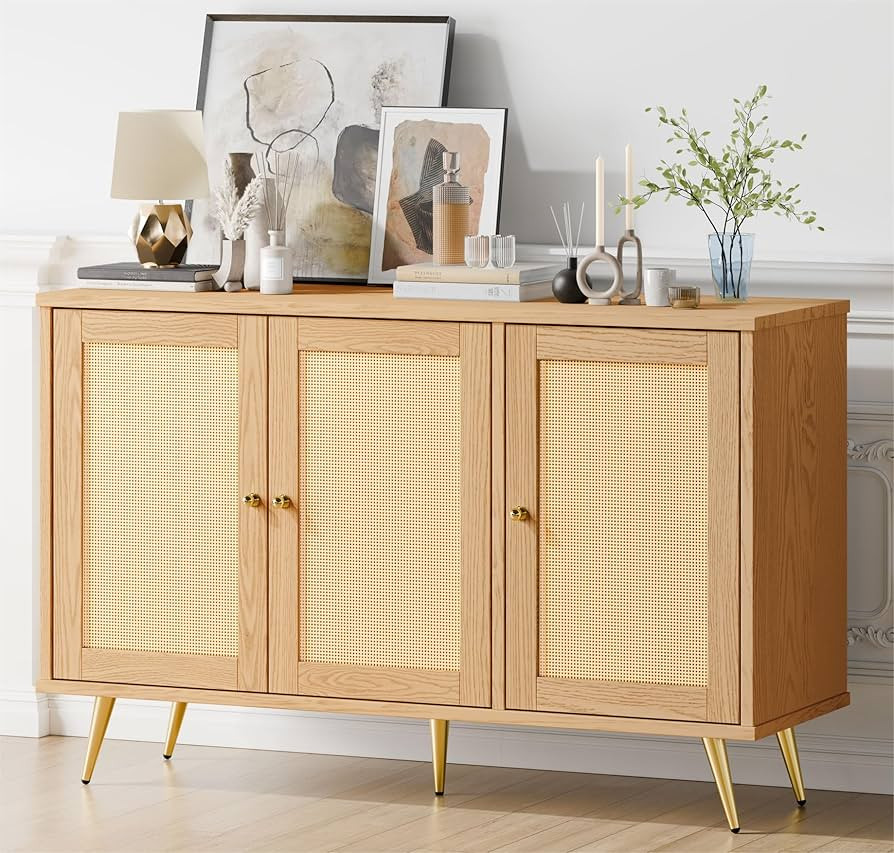 JAMFLY Buffet Cabinet with Storage, Kitchen Storage Cabinet with 3 Rattan Decorated Doors, Accent... | Amazon (US)