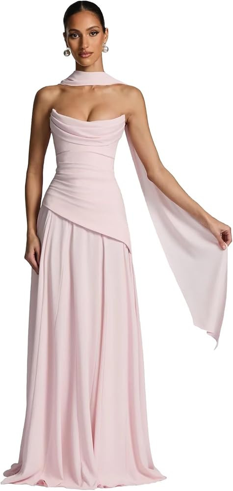 Strapless Cowl Neck Chiffon Bridesmaid Dresses for Women Corset Long Prom Dresses 2026 Ruched Max... | Amazon (US)