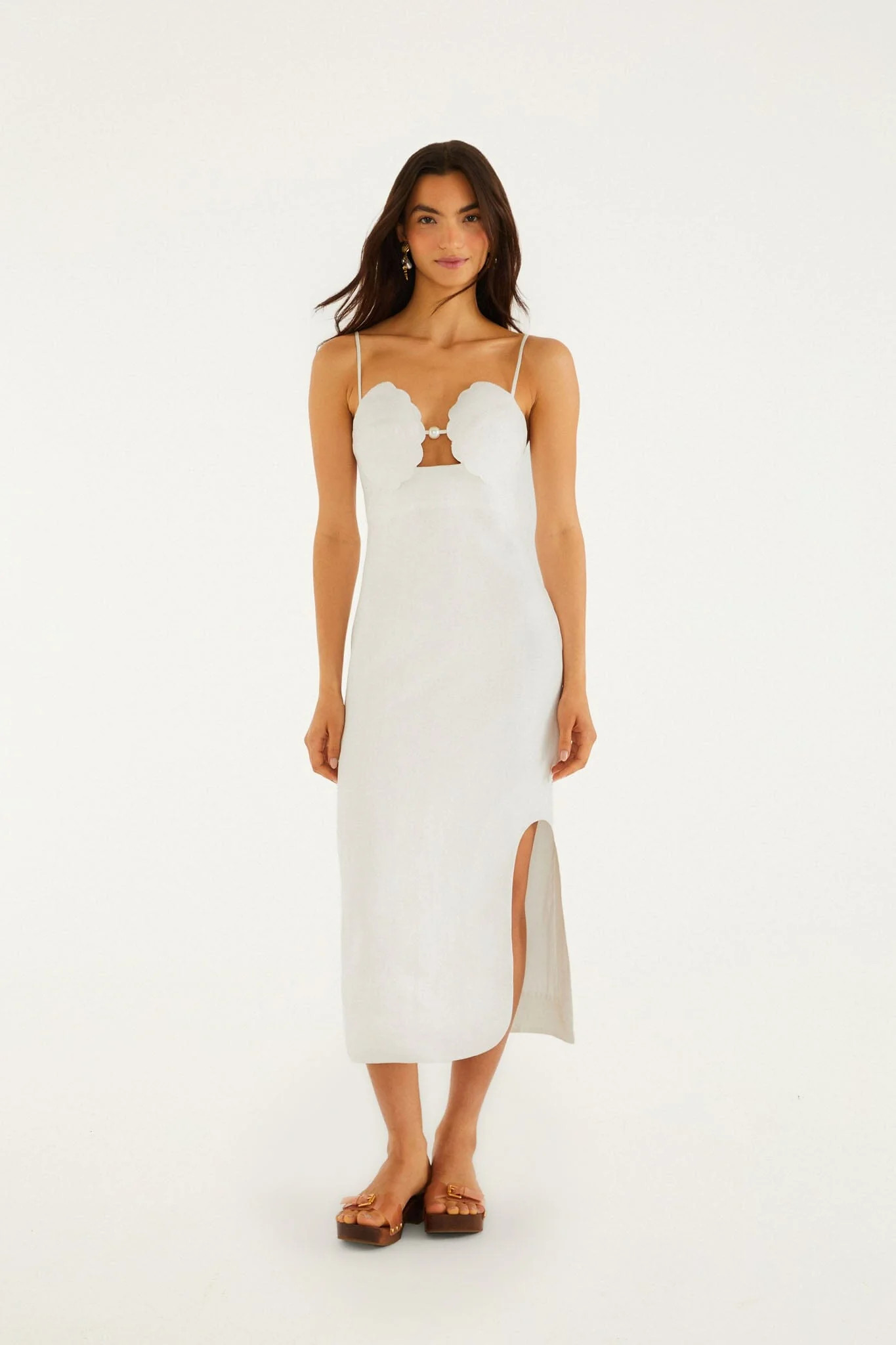 Off-White Shell Bodice Pearl Midi Dress | FarmRio (US)