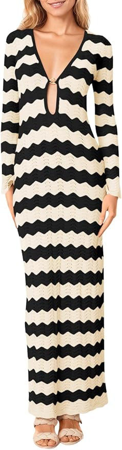 Saodimallsu Womens Crochet Summer Maxi Dress Striped Sexy Cut Out V Neck Long Sleeve Knit Cover U... | Amazon (US)