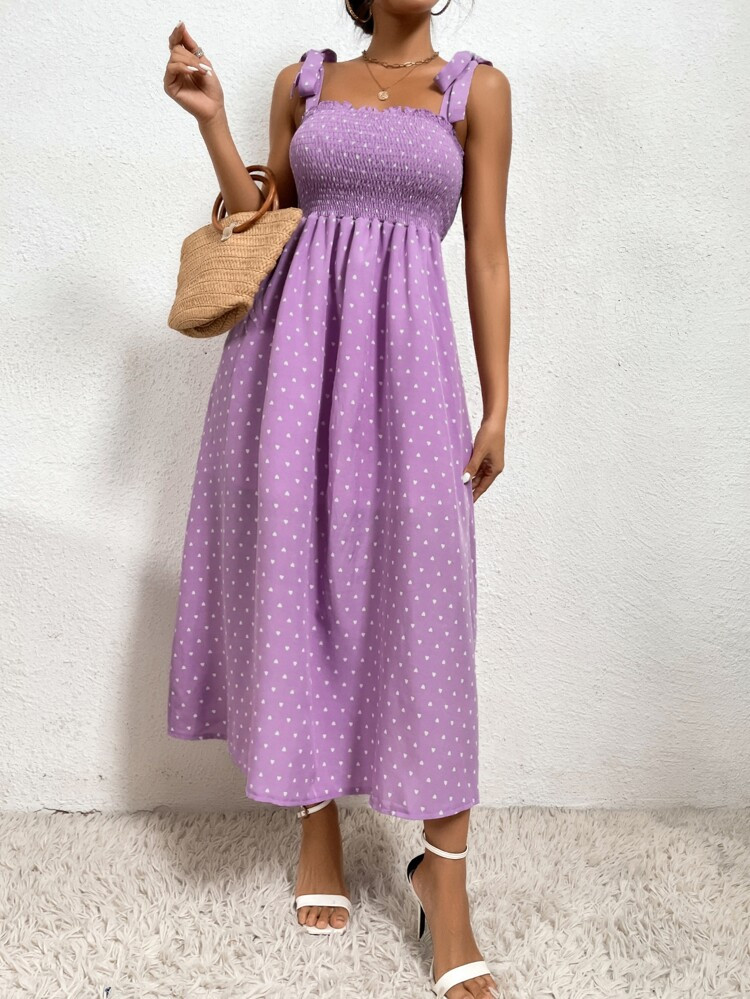 Heart Print Tie Shoulder Shirred Frill Trim Cami Dress | SHEIN