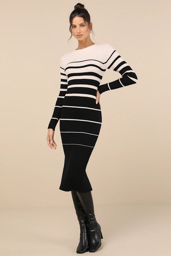 Seasonal Status Black and Ivory Striped Midi Sweater Dress | Lulus