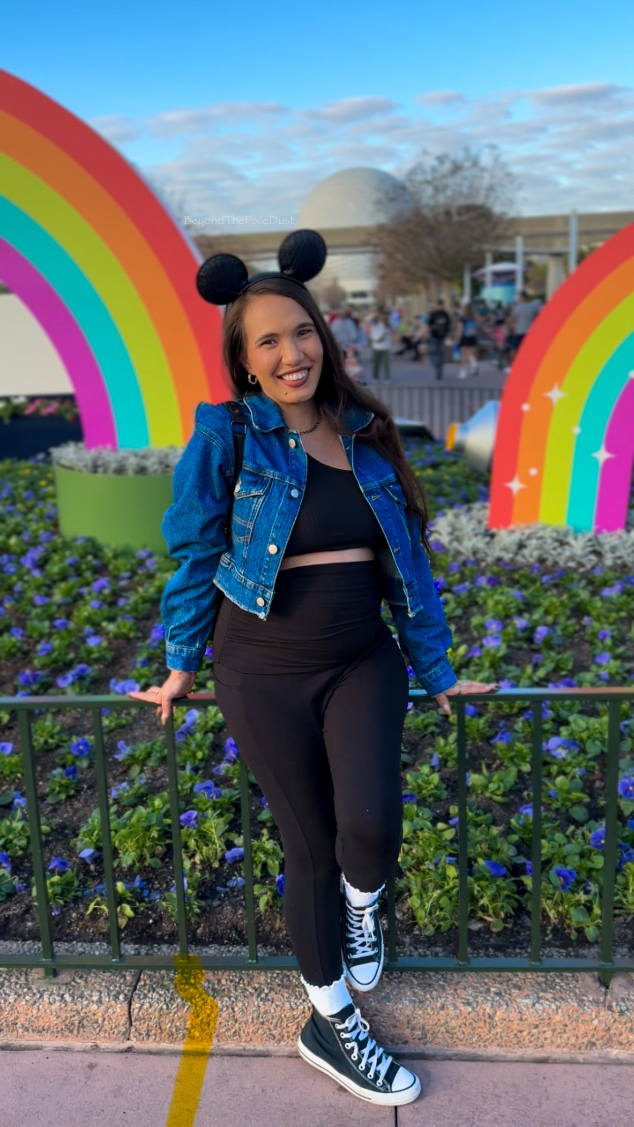 My goal has always been to feel comfortable at the parks, and being pregnant makes this even more essential for enjoying a day out. It's been cold in Florida, so I paired my go-to fleece maternity leggings with a black crop top from Amazon. I completed the look with my Disney 100th Anniversary Tommy Hilfiger jacket, Converse shoes, a Disney Loungefly bag, Mickey ears, and my usual accessories. I love these leggings because they don’t feel restrictive on my belly like many other pregnancy leggings I’ve tried. 
✨
I hope this helps you keep your outfit simple while enjoying the parks! I’ve linked my favorite regular leggings, the fleece maternity pair, and anything else to help you recreate this look for your Disney trips or create a casual, comfy outfit during your pregnancy.
#disneyparks #disneyworld 

#LTKWatchNow #LTKBump #LTKTravel