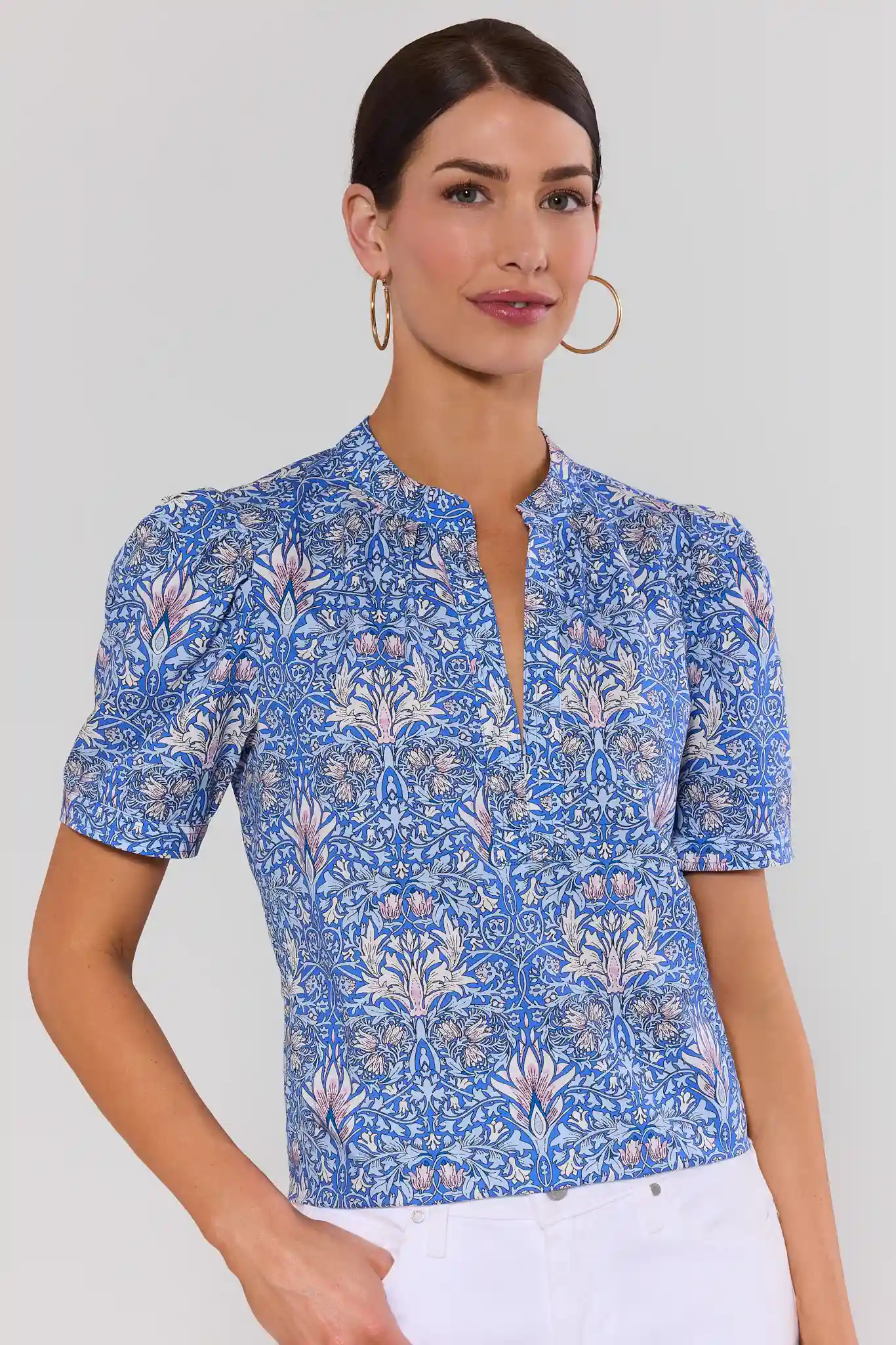 Blue Printed Split Neck Top | Avara