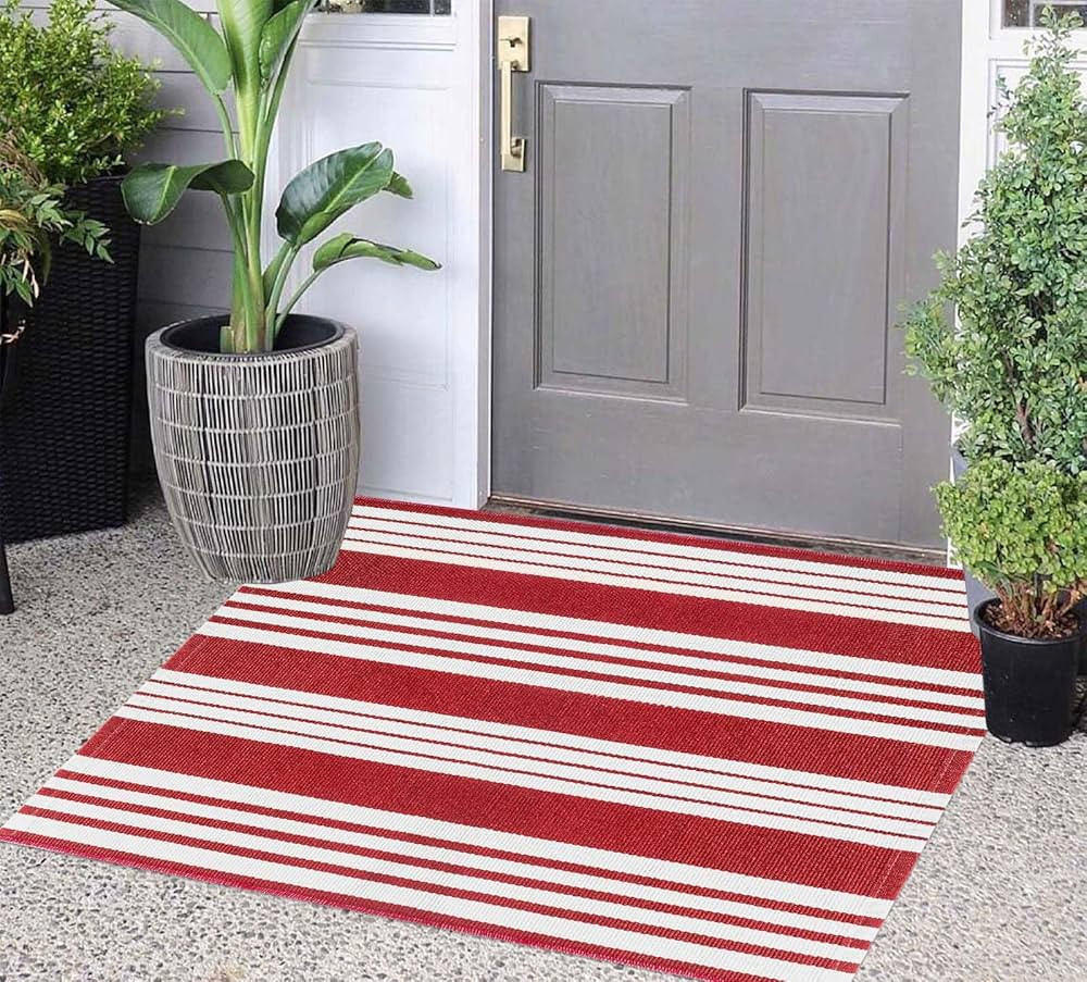 Red and White Door Mat Outdoor Rug 24'' x 35'' Front Porch Rug Washable Entryway Rug Striped Laye... | Amazon (US)