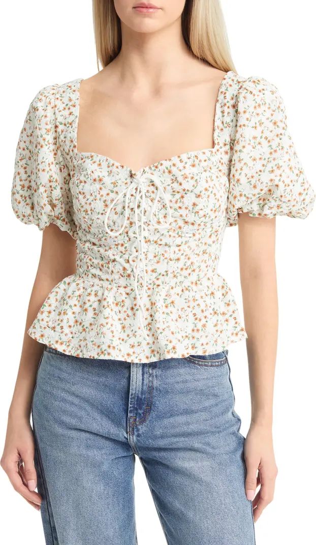 ASTR the Label Floral Puff Sleeve Lace-Up Corset Crop Top | Nordstrom | Nordstrom