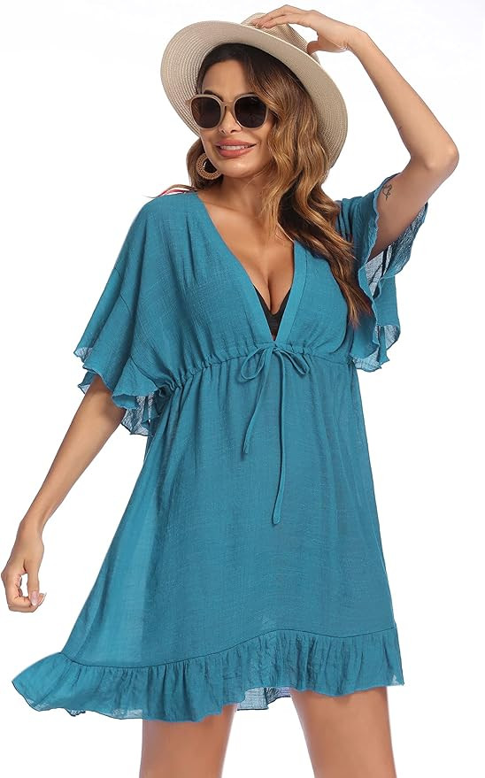 AI'MAGE Swimsuit Cover Ups Women's Bathing Suit V Neck Ruffle Sleeve Soft Coverups Dress | Amazon (US)