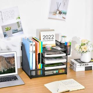 Black 13.8 in. x 11.22 in. Metal Mesh Desk Organizer with 5-Tier Paper Tray, Drawer and Pen Holders for Office Supplies | The Home Depot