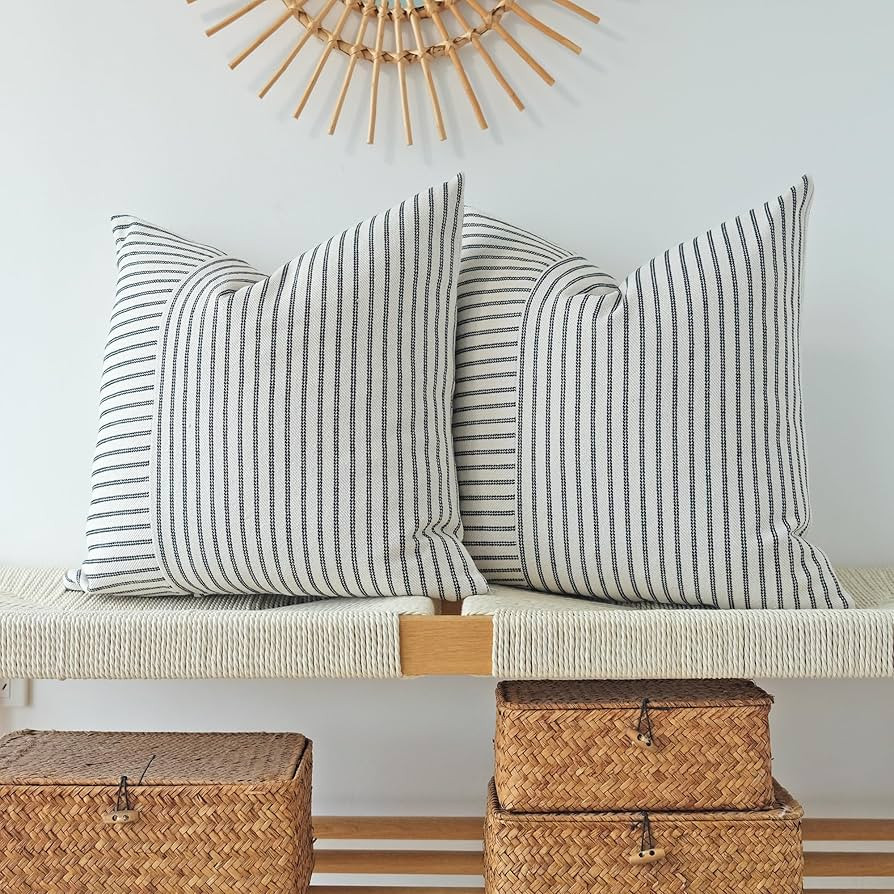 JOJUSIS Black and Beige Patchwork Farmhouse Pillow Covers 16x16 Inch, Pack of 2 Striped Linen Dec... | Amazon (US)