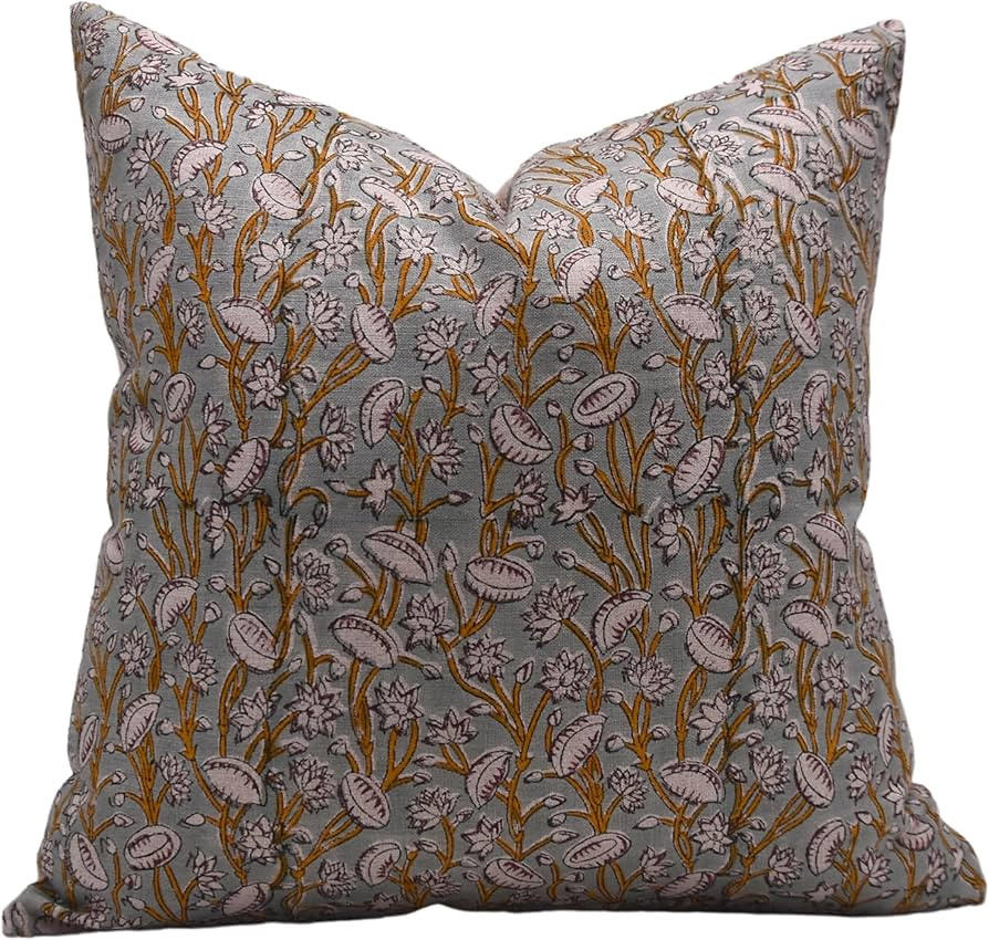 Handmade Block Print 18X18 Pure Linen with Zipper Throw Floral Pillowcase Cushion Cover for Sofa ... | Amazon (US)
