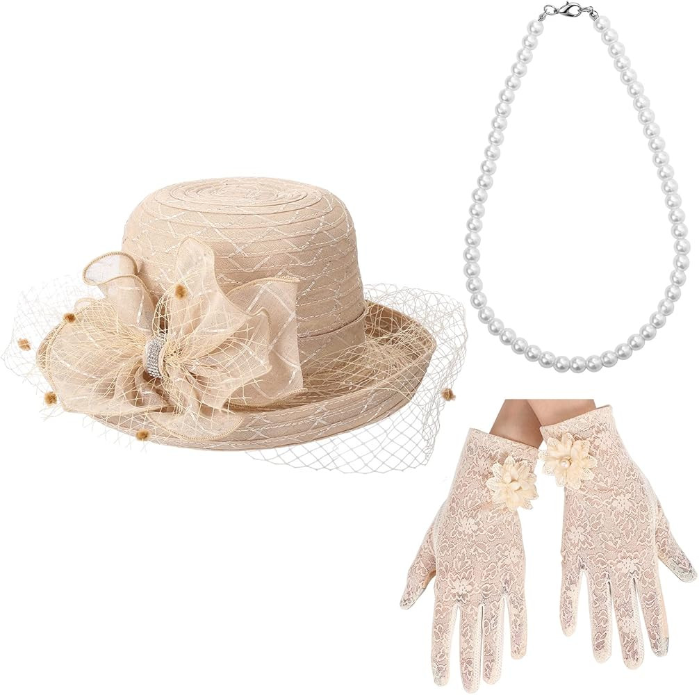 Women's Summer Retro Accessories Set, Church Cloche Hat, Pearl Necklace, Short Lace Gloves for Ch... | Amazon (US)