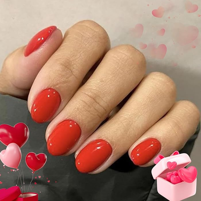 modelones Red Short Press on Nails Oval Fake Nails with Nail Glue, Adhesive Tabs, Nail File, Prep... | Amazon (US)