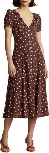 Polka Dot Ruffle Crepe Midi Dress Brown Dress Dresses Summer Dress Outfits Business Casual  | Nordstrom