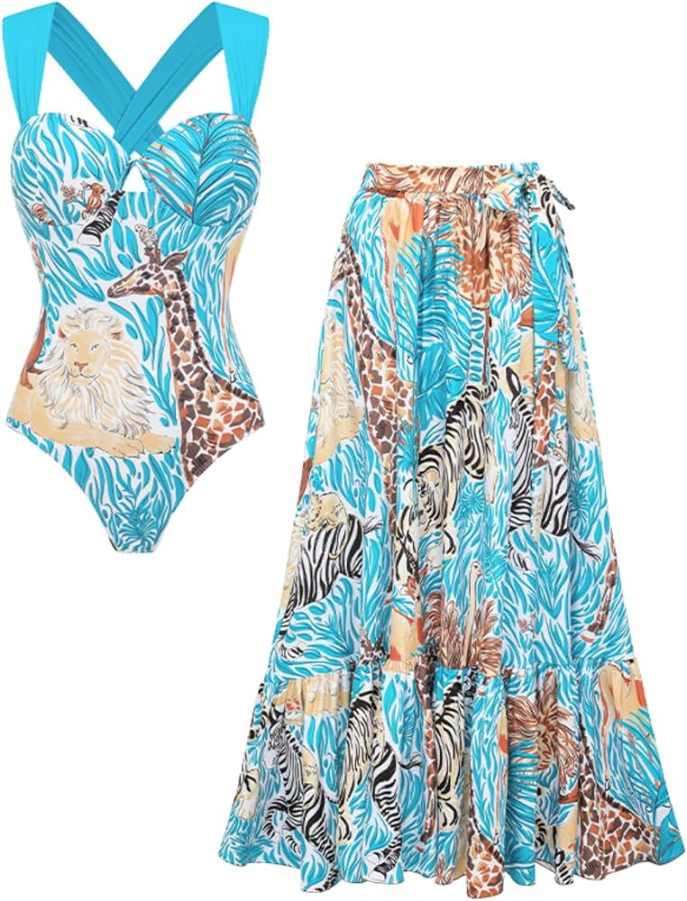 FLAXMAKER One Piece Swimsuit Women Criss Cross Adjustable Color Block Bathing Suit Animal Print S... | Amazon (US)