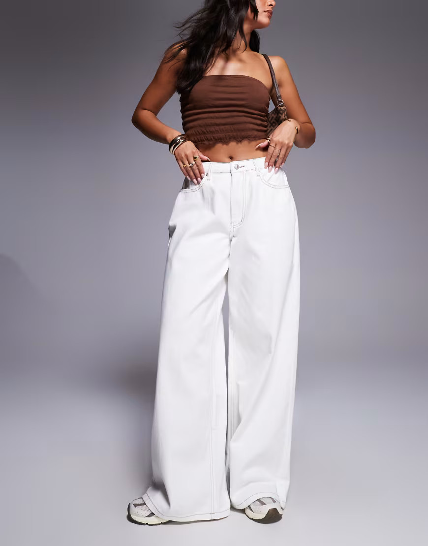 Princess Polly Naylor contrast stitch mid rise baggy wide leg jeans in cream-White | ASOS (Global)
