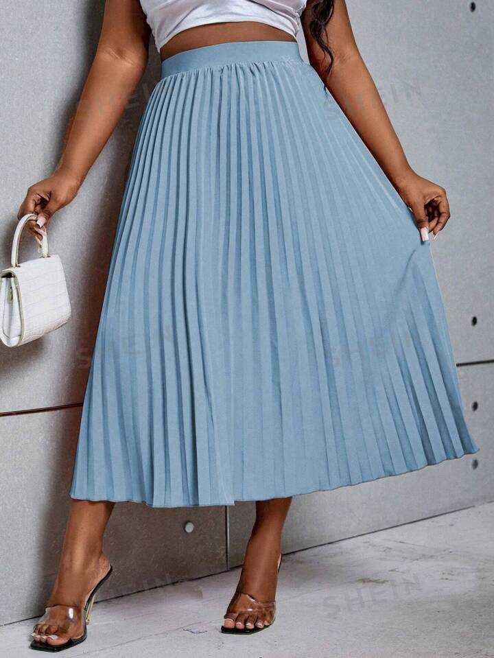SHEIN Privé Plus Size Summer Casual Solid Color Pleated Skirt | SHEIN