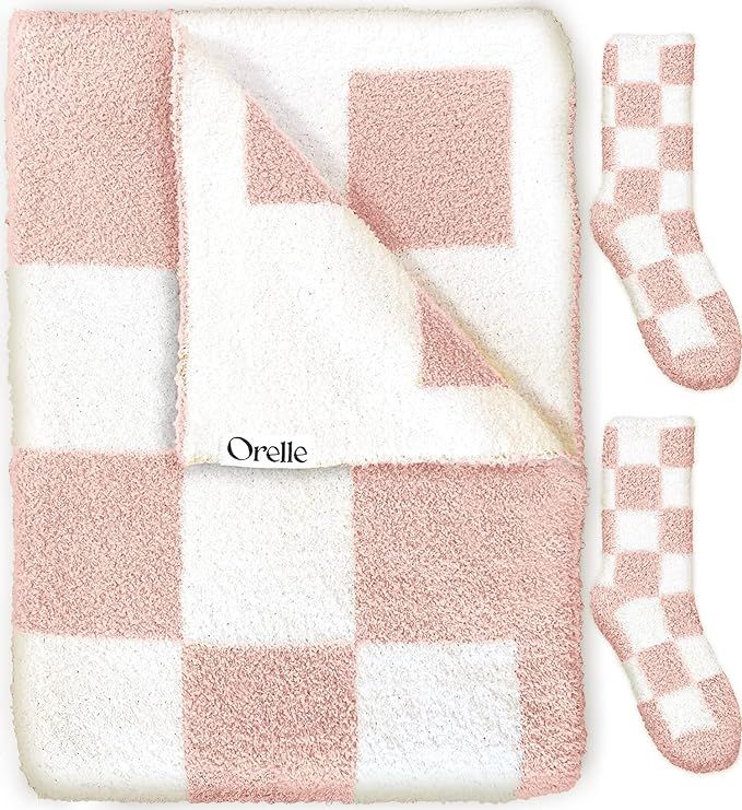 Orelle “Cream Puff” - Soft Knit Checkered Throw Blanket & Socks - Cozy Pink Checkered Blanket... | Amazon (US)