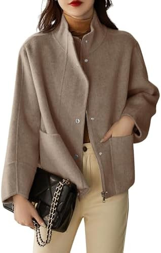 chouyatou Women's Casual Stand Collar Single Breasted Short Wool Pea Coat Overcoat with Pockets | Amazon (US)
