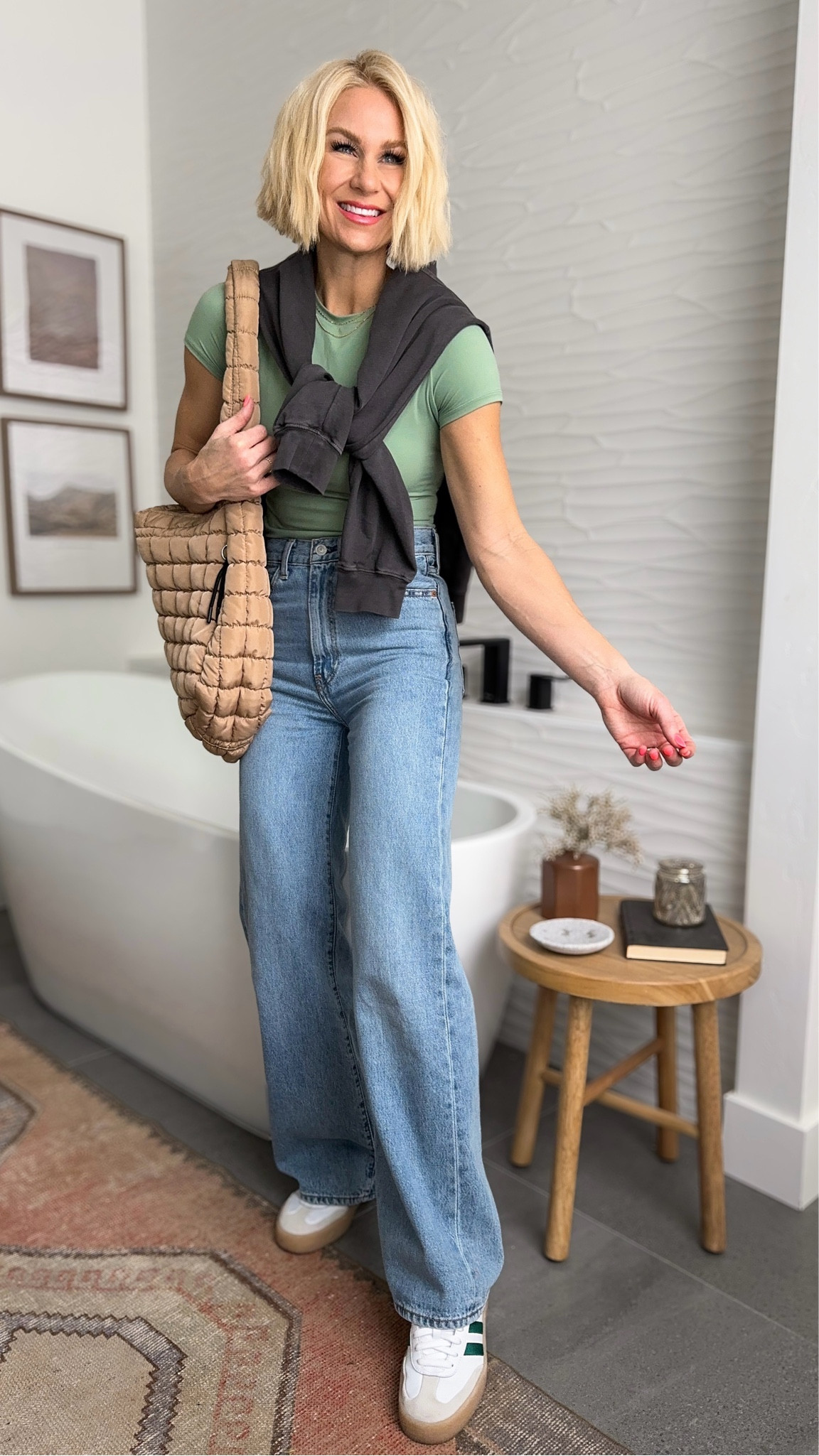 Simple, casual early spring outfit.
Loving all the cool-coastal tones like this sage green! Wearing my go-to wide leg jeans, adidas sneakers & oversized sweatshirt. 
Cannot get enough of this quilted bag — I use/wear it all the time!

Sizing:
Top: fits TTS, wearing a medium 
Jeans: fit TTS, wearing 27x32
Sweatshirt: fits perfectly oversized, wearing a medium 
Shoes: go down 1 full size! Always a 9, bought these in an 8.


#LTKSeasonal #LTKshoecrush #LTKMostLoved