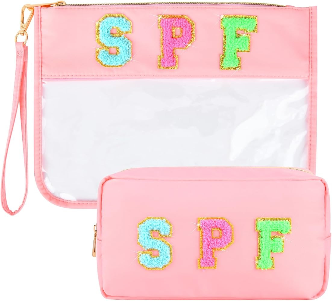 SOIDRAM 2 Pcs Spf Bag Chenille Letter Makeup Bag Preppy Patch Cosmetic Pouch Clear Travel Zipper ... | Amazon (US)