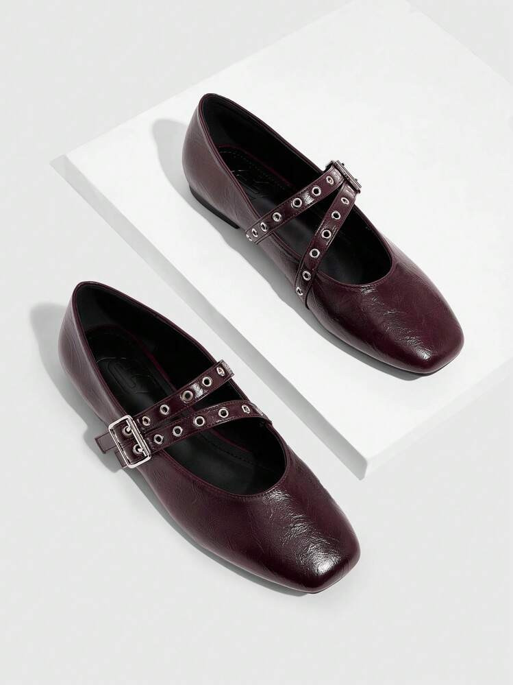 Cuccoo CUCCOO GRLICON Damen Rote Öl-Wachs Leder Mary Jane Ballerinas, Y2K, Punk, Biker, Cool Girl Stil, Geeignet Für Halloween, Weihnachten, Partys | SHEIN