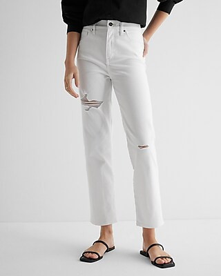 Express Women's High Waisted White Ripped Straight Ankle Jeans | Express