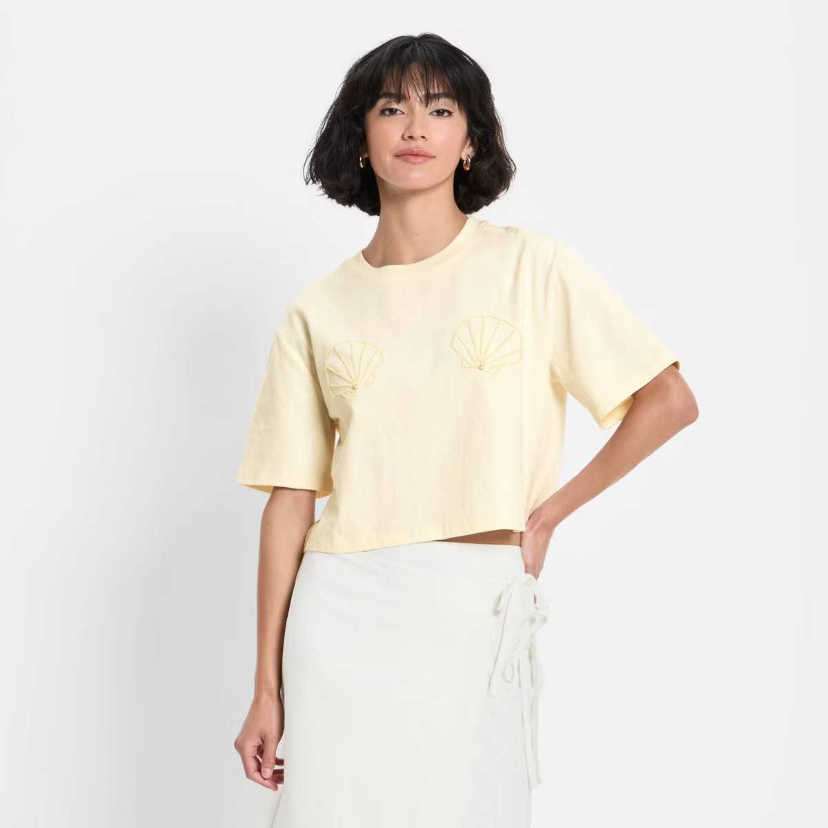 Women's Short Sleeve Seashell Beaded T-Shirt - Future Collective Cream L | Target