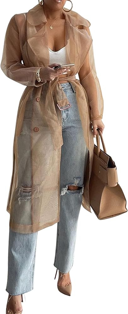 PUWEI Sheer Mesh Belted Trench Coats for Women Notched Lapel Double Breasted Midi Overcoat Jacket | Amazon (US)