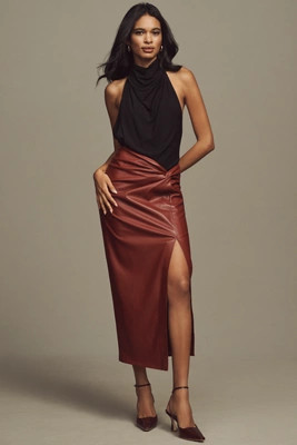 Lamarque Eileen Faux Leather Knot Midi Skirt | Anthropologie (US)
