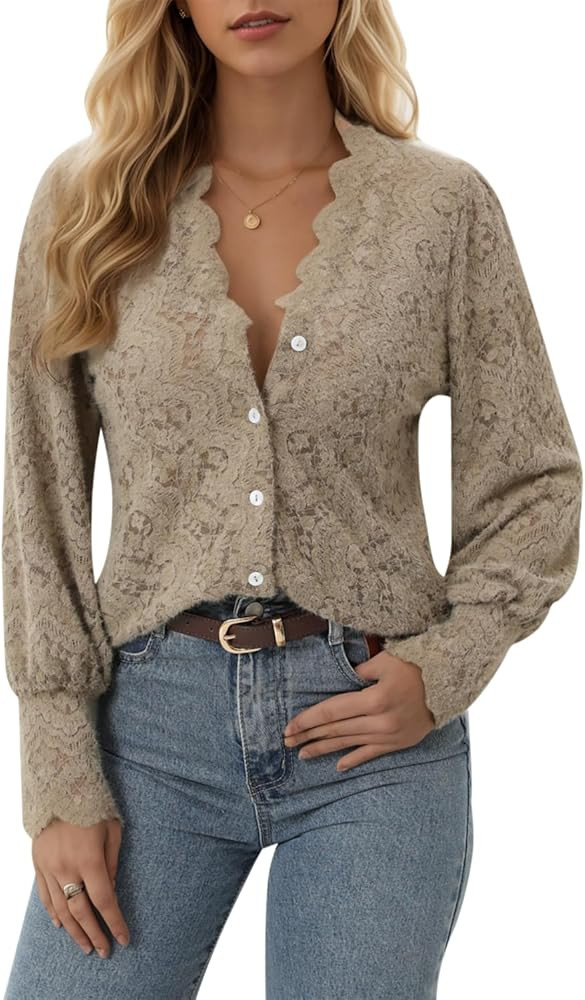 Dressy Lace Tops for Women Blouses for Women Casual V Neck Button Down Shirts for Women Black | Amazon (US)