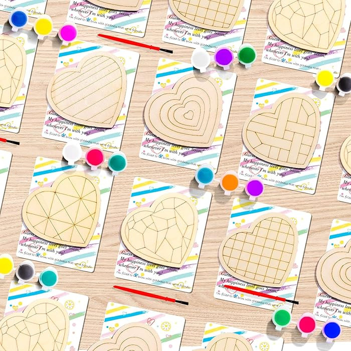 xFFFun Valentines Day Gifts for Kids, 28 Pack Heart Wood Painting Crafts with Cards and Paint Set... | Amazon (US)