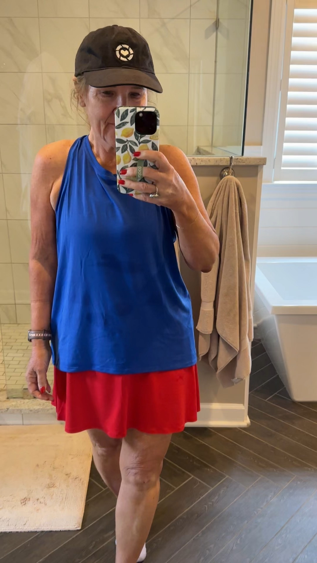 Activewear. Spanx skirt I sized up to a large 

Tank size large. I like it bigger. Especially in the heat! 

Favorite bra too. It unhooks so you don’t get tangled taking it off  

#LTKFindsUnder100 #LTKOver40 #LTKActive