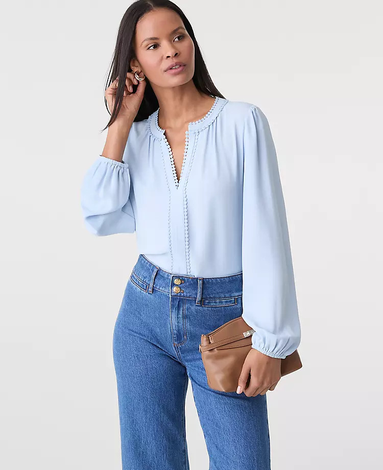 Bobble Trim V-Neck Blouse | Ann Taylor